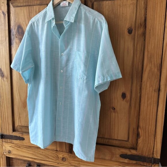 Vintage 80’s Men’s Light Blue Pinstripe Short Sleeve Shirt Button Down - Large - Picture 12 of 15